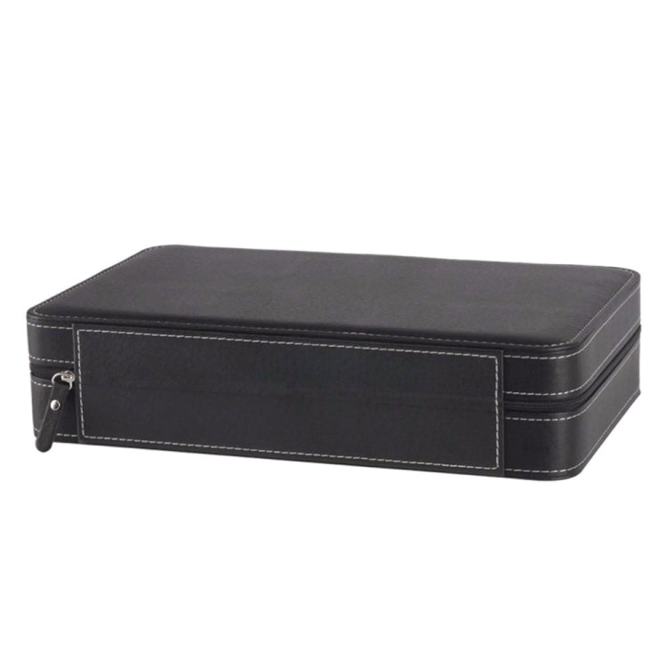 Black PU watch storage box with side zipper and stitched rectangular panel