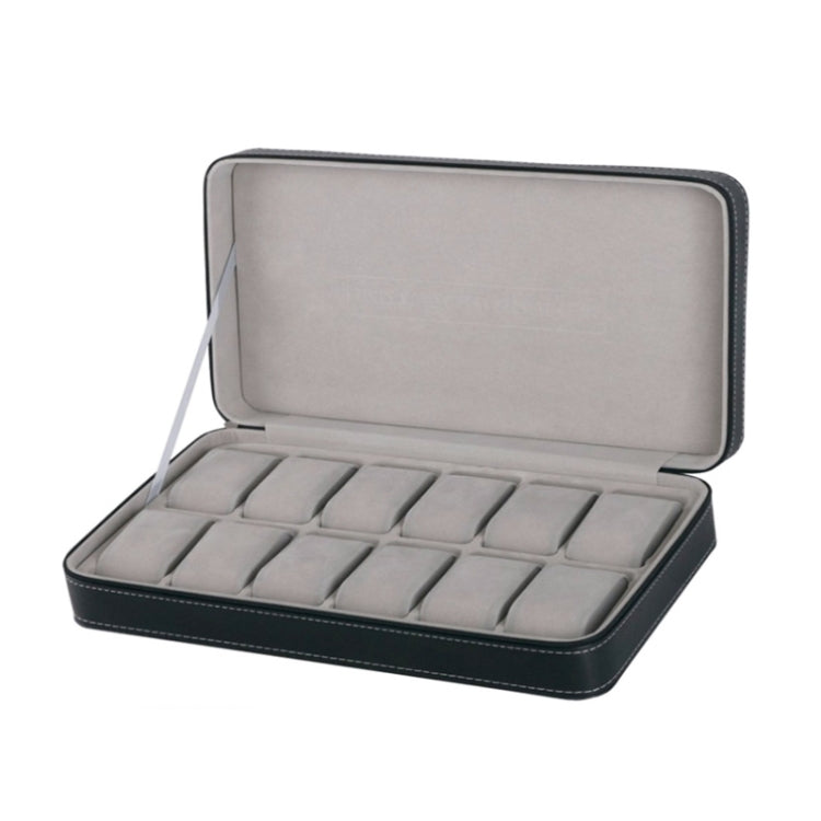 Open PU watch storage box with gray cushion inserts and hinged lid