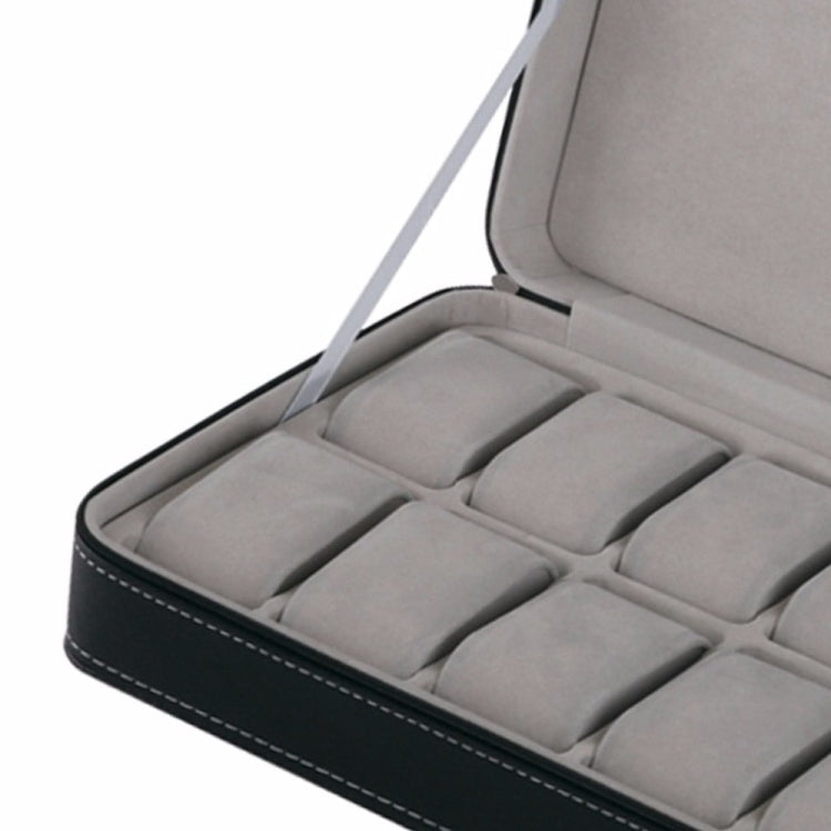 Interior view: gray cushion dividers for watches inside a zip watch box