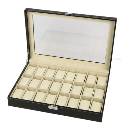 Black PU leather watch storage box with flip-open lid and 24 watch slots