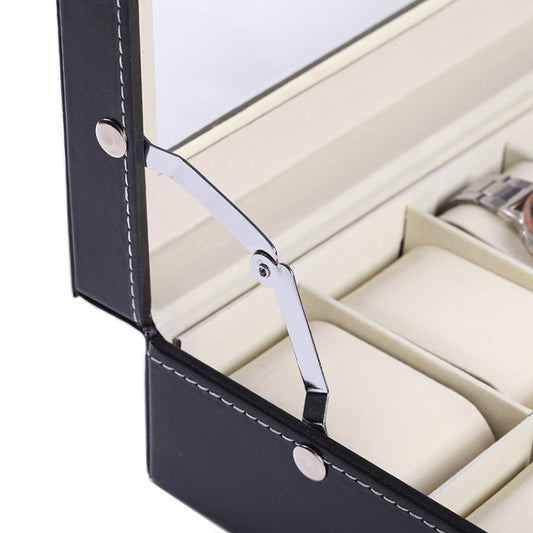 Black PU leather watch box with hinged lid, metal clasp, and compartment dividers