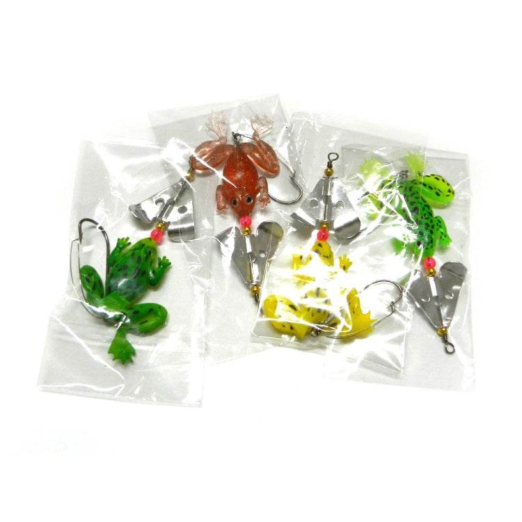 Pack of assorted soft frog fishing lures in individual clear bags with spinner hooks
