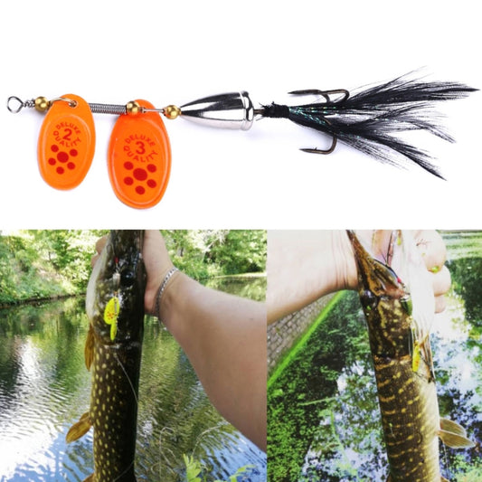 Orange-red feather spinner fishing lure with two oval blades and gold hardware