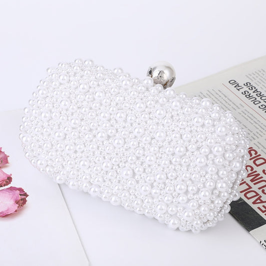 White pearl beaded small square evening bag with round top clasp