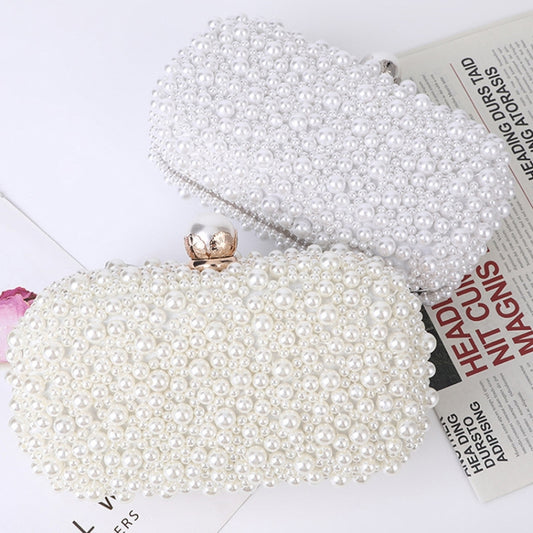 White pearl beaded small square clutch bag with round metal clasp