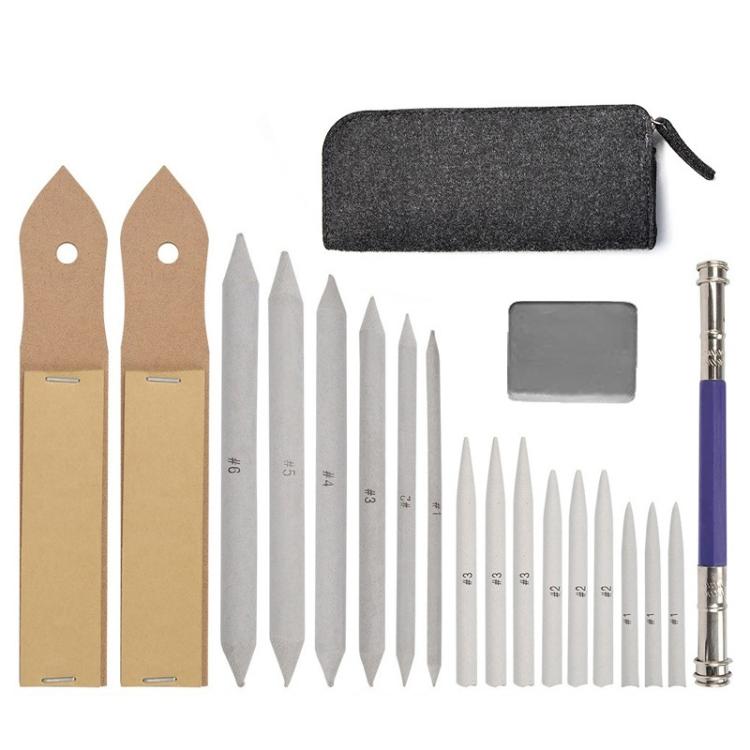 19-piece sketch blending stump and tortillon set with pouch and purple tool pen.