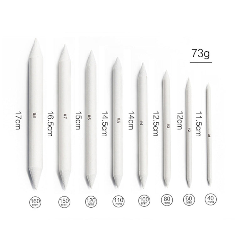 White drawing blending stumps set with size markings and pointed ends, assorted lengths.