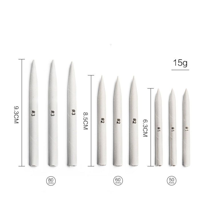 Light-gray and white blending stumps with numbered size labels and pointed tips.