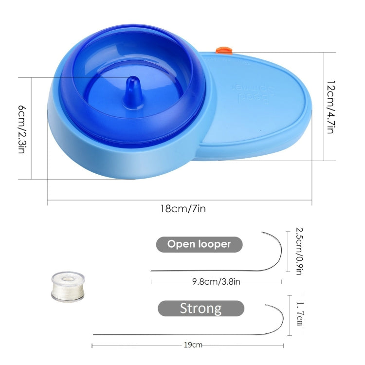 Blue electric beading machine with clear top lid and measurement diagram view