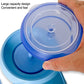 Blue electric beading machine with large clear bead chamber lid held open by hand