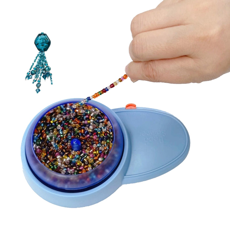 Blue electric beading machine dispensing colorful beads into a necklace string