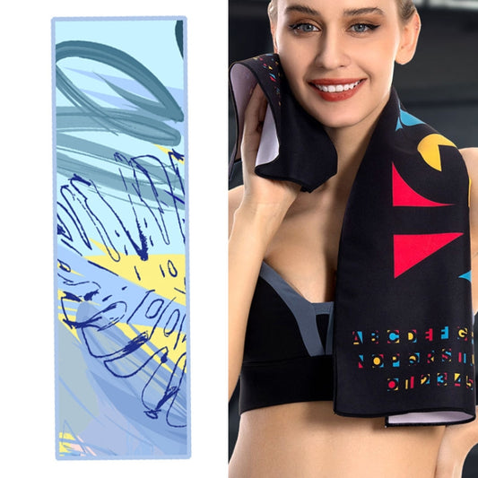 Light blue microfiber sports towel with abstract scribble and brushstroke print