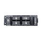Car window switch panel with six black switches and window-lock rocker on right