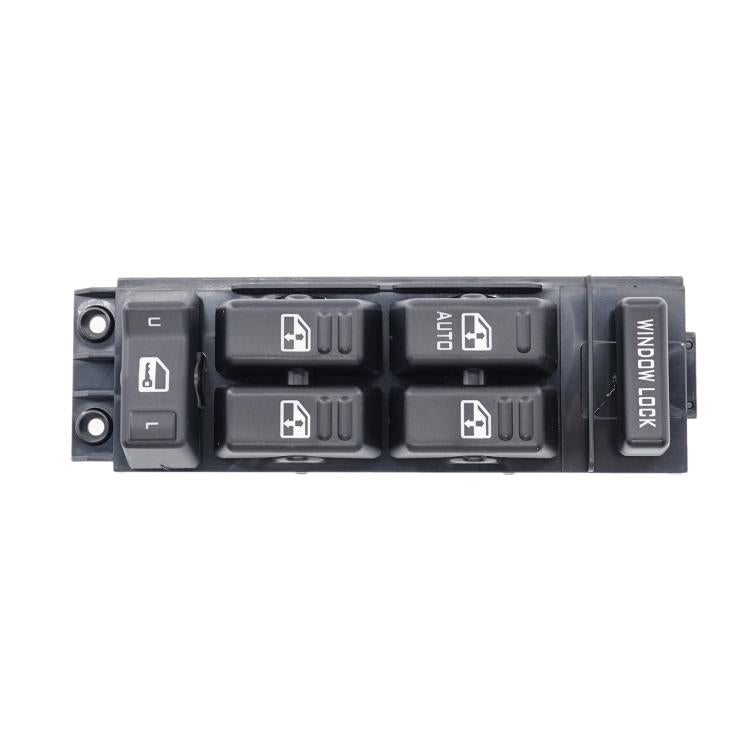 Car window switch panel with six black switches and window-lock rocker on right