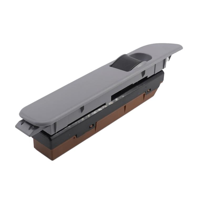 Grey window switch panel with black master switch rocker and brown base, angled.