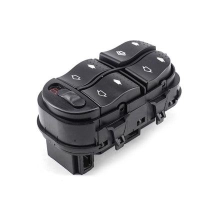 Black power window switch assembly with four control buttons and rocker switch