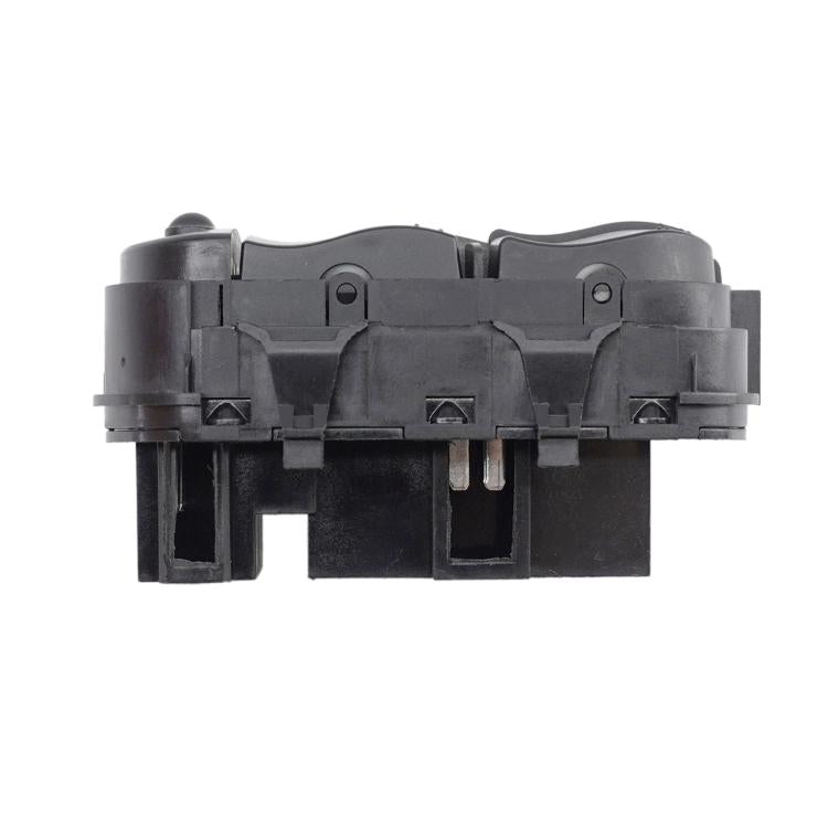 Car power window switch assembly, side view with wiring connectors and tabs
