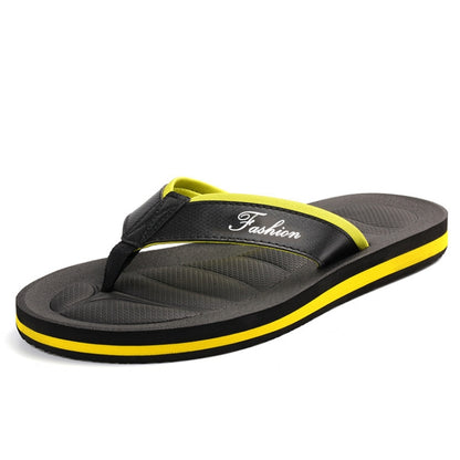 Men's non-slip flip flops, black thong strap with yellow trim and textured sole