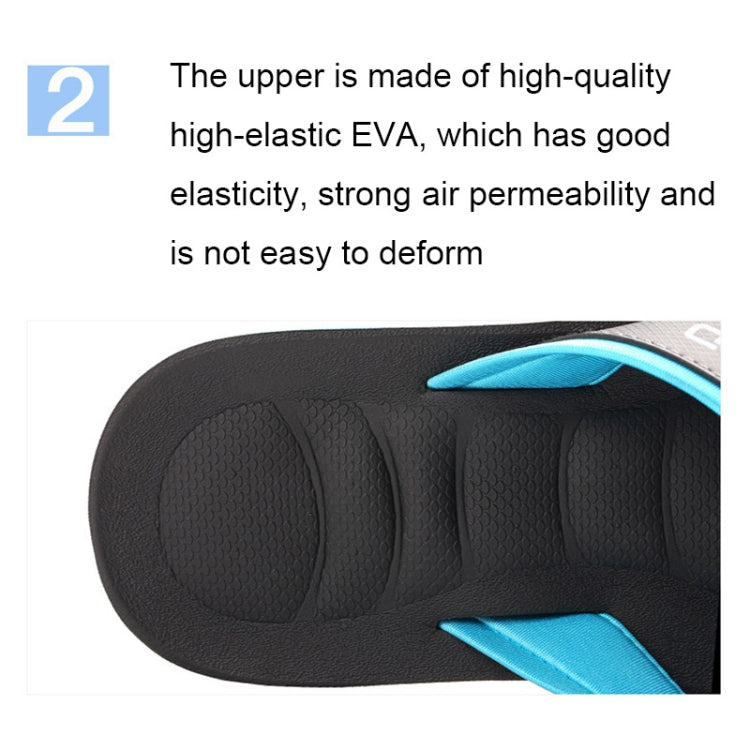 Men's flip flop outsole close-up with textured black footbed and blue accents