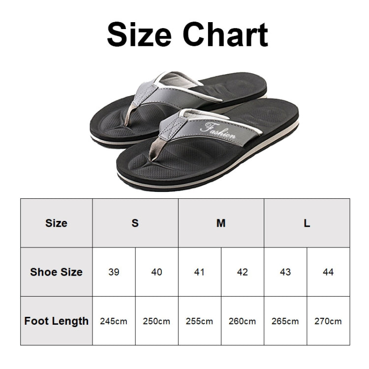 Flip flop size chart showing shoe sizes 39 to 44 and foot length guide