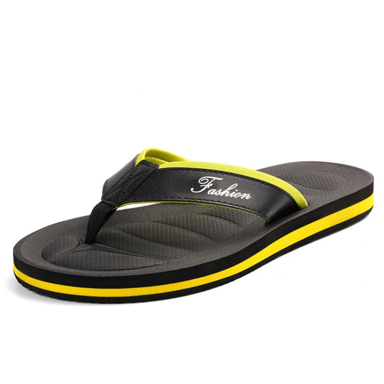 Men's non-slip flip flops, black thong strap with yellow trim and contoured footbed
