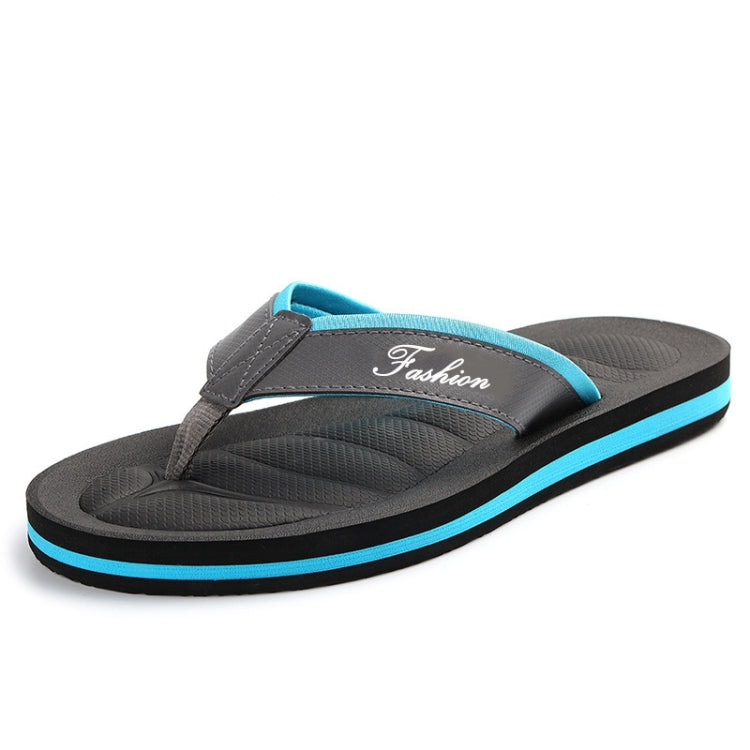 Men's non-slip flip flops, black strap with blue trim and textured slip-on sole