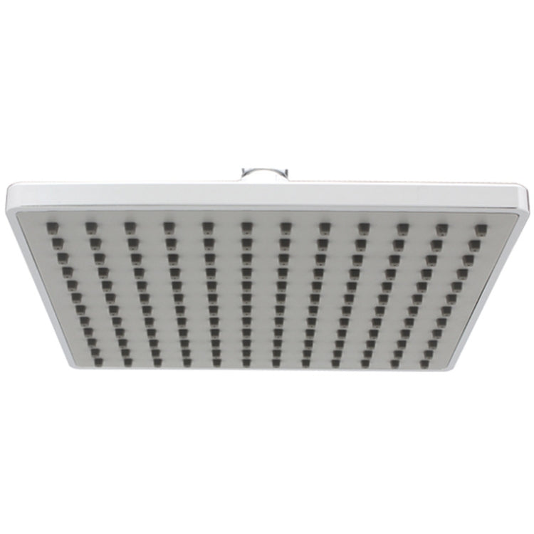 Square ceiling-mount shower head with chrome face and many small spray nozzles