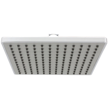 Square ceiling-mount shower head with chrome face and many small spray nozzles