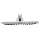 Chrome underside of a square rain shower head with central swivel inlet