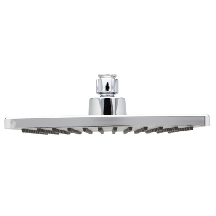 Chrome underside of a square rain shower head with central swivel inlet