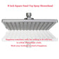 Square panel top spray shower head with central chrome swivel nozzle outlet