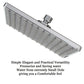 Chrome square shower head showing rows of spray jets and angled mounting fitting