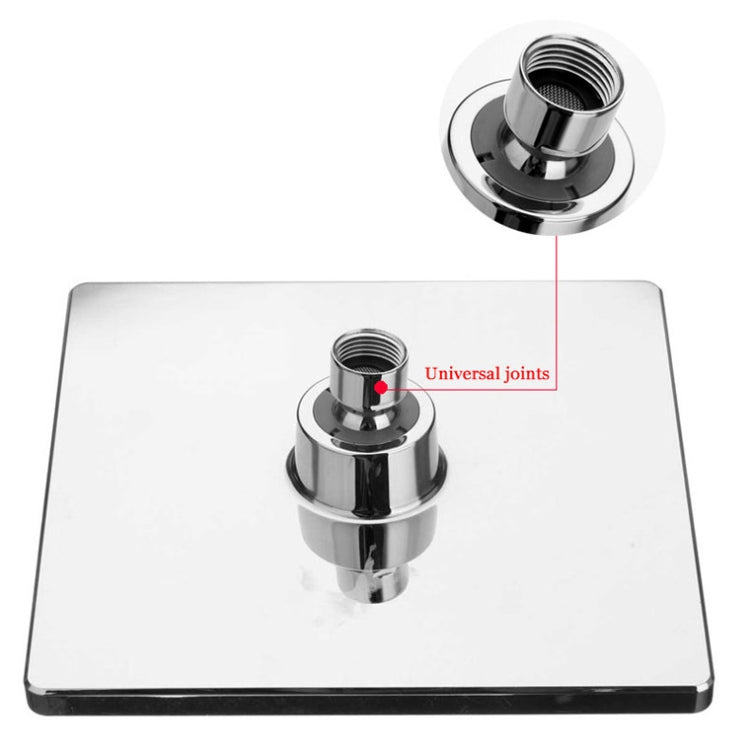 Square shower head base with universal joint connector and chrome inlet