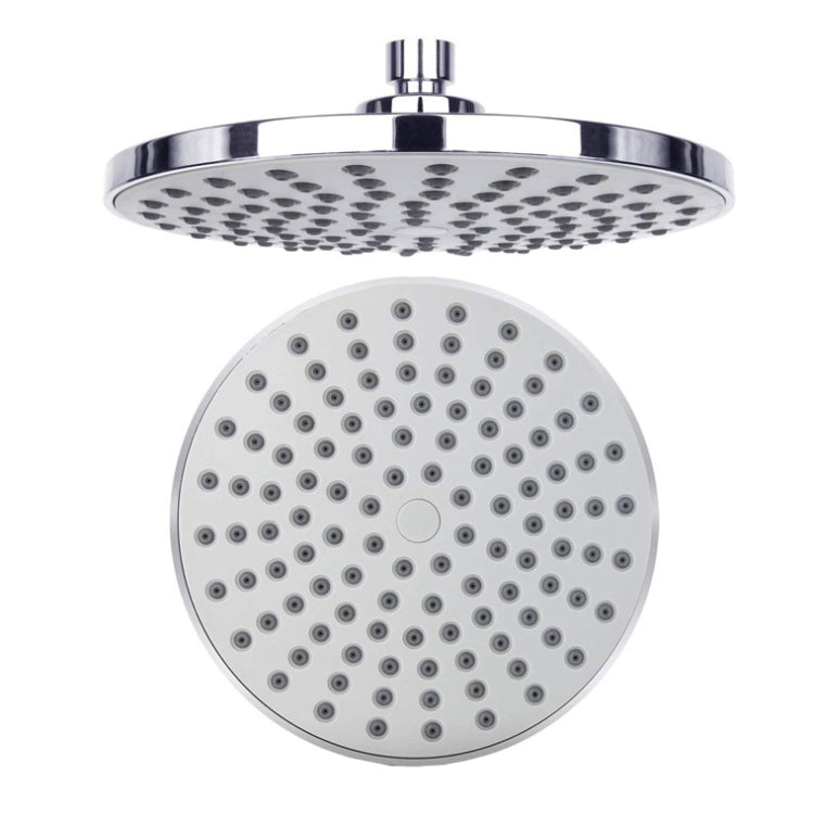 Round ceiling shower head with dotted spray pattern and chrome faceplate