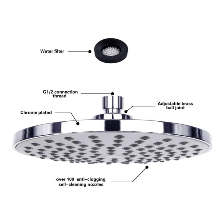 Chrome round shower head showing adjustable brass ball joint and water filter