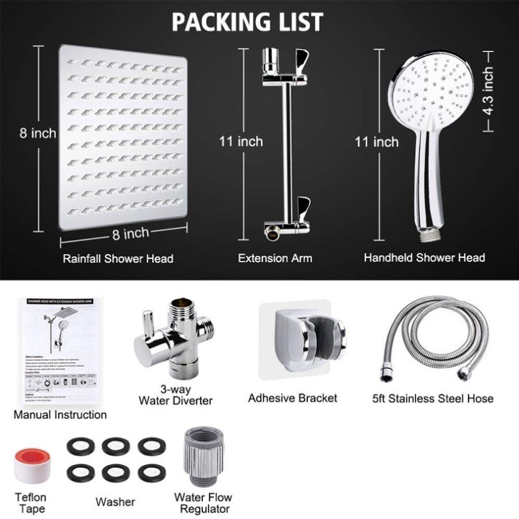Dual shower set parts kit: rainfall head, extension arm, handheld head, hose and fittings