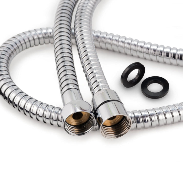 Flexible chrome shower hose with two connectors and black rubber washers