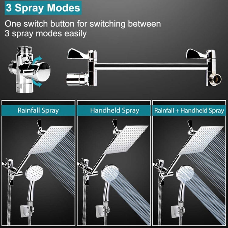 Dual shower set with diverter showing three spray modes and two spray heads
