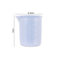 Light blue translucent 100ml measuring cup with graduated scale markings and size guide