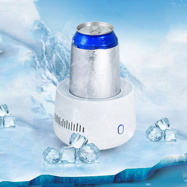 Portable mini USB refrigeration cup with white base and silver inner cup, blue power indicator