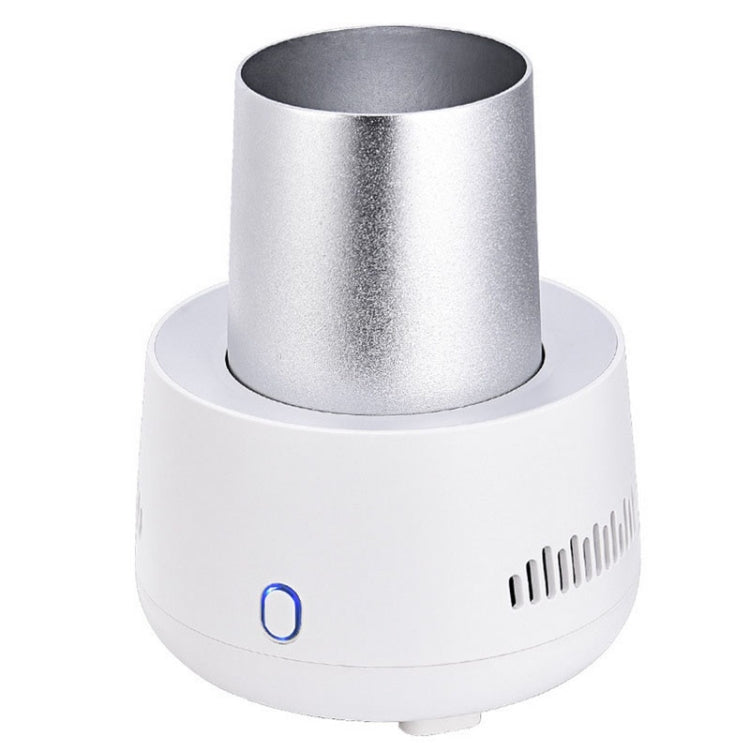 White mini USB refrigeration cup with silver insulated cup and blue power indicator light