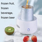 Mini USB refrigeration cup with white base and silver cup, blue power indicator; pour opening