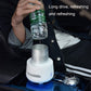 Portable USB refrigeration cup with white base and silver inner cup, blue indicator; bottle pour