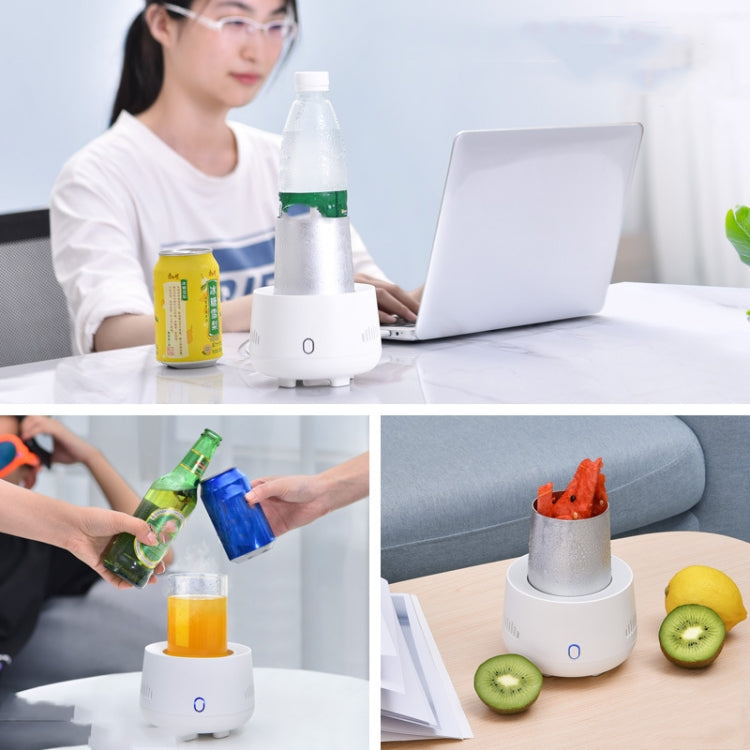 White mini USB refrigeration cup with silver insert and blue power indicator, used with drinks