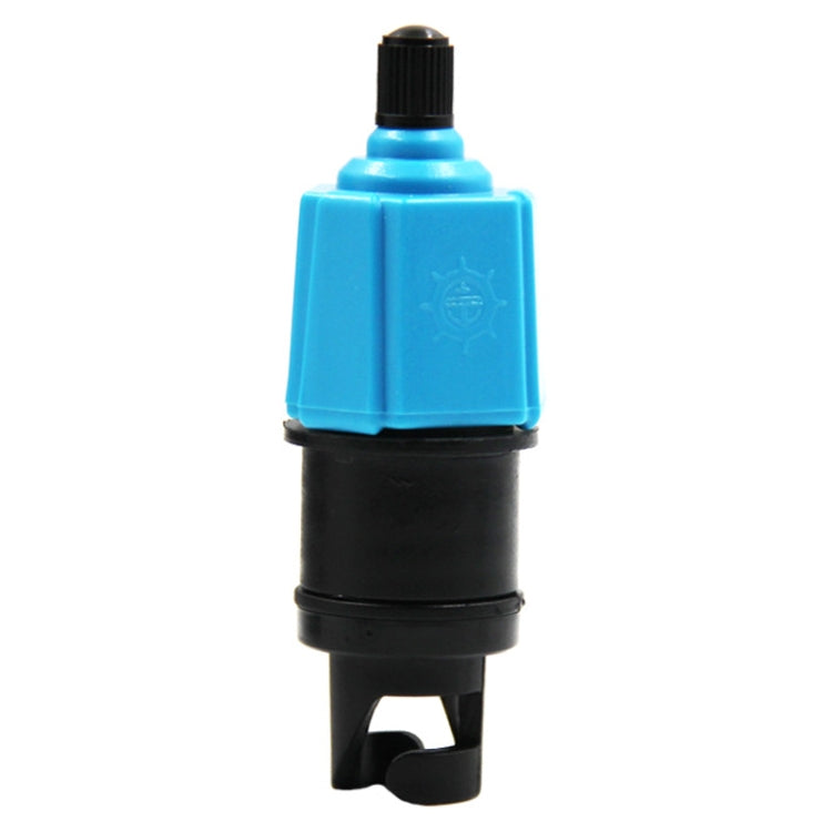 Blue kayak surfboard pump adapter head with black base and threaded metal tip