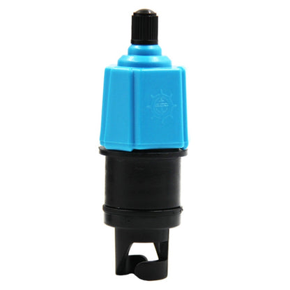 Blue kayak surfboard pump adapter head with black base and threaded metal tip