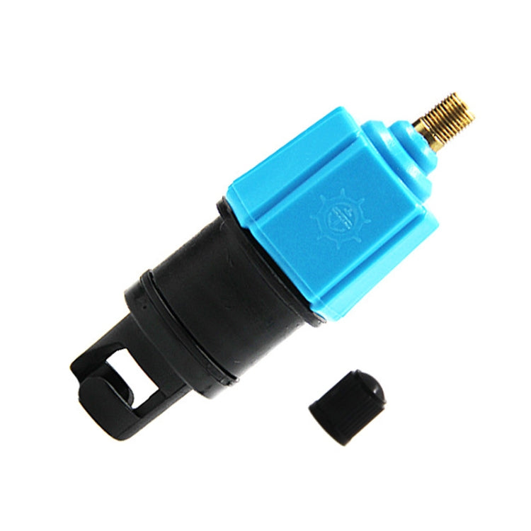 Blue and black valve adapter connector with brass thread and protective cap