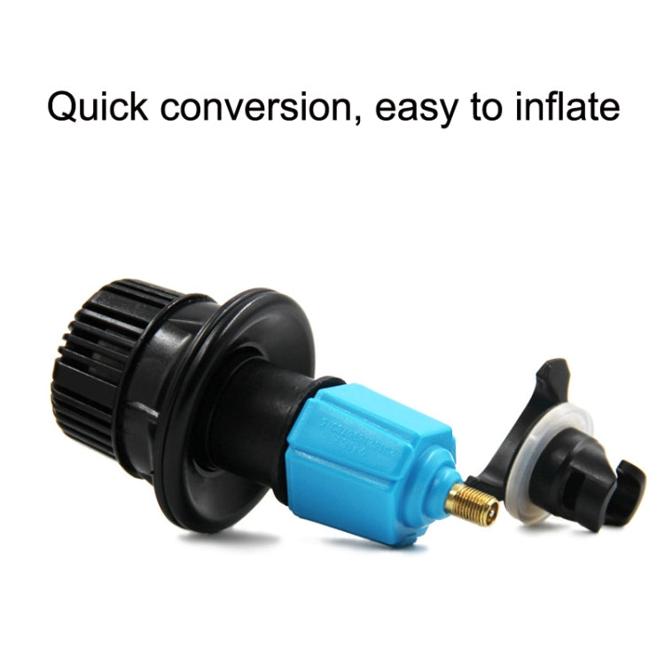 Blue kayak valve adapter with black knob, hose connection, and brass valve core