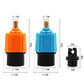 Blue pump adapter with size diagram markings and black base; shows valve thread