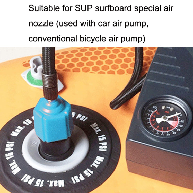 Blue adapter inserted into SUP air valve with gauge pump hose connection